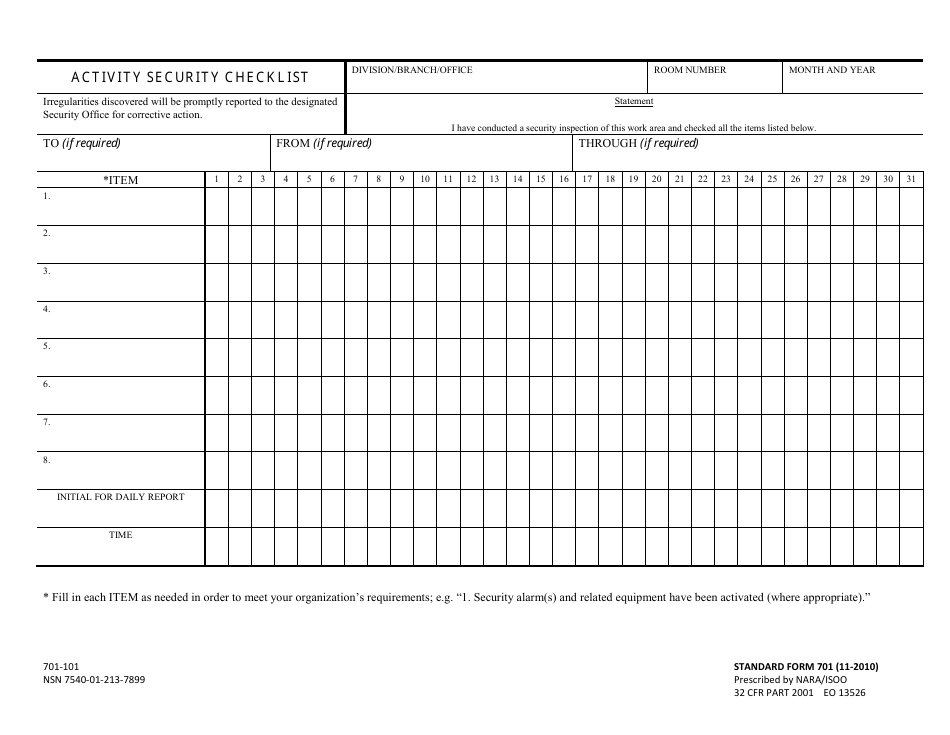 Form SF-701 Activity Security Checklist, Page 1
