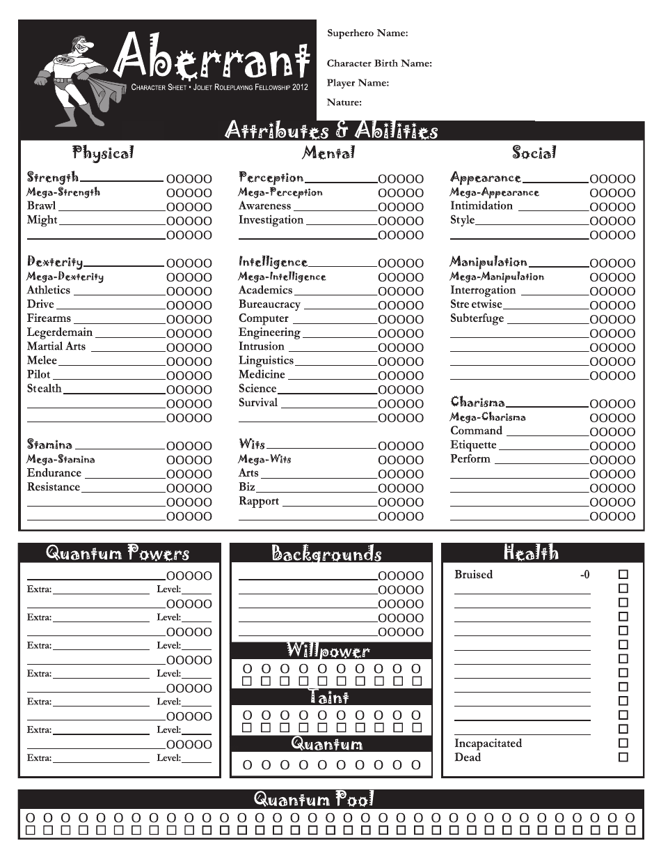 Aberrant Character Sheet - Customizable PDF Template for Roleplaying Game Characters