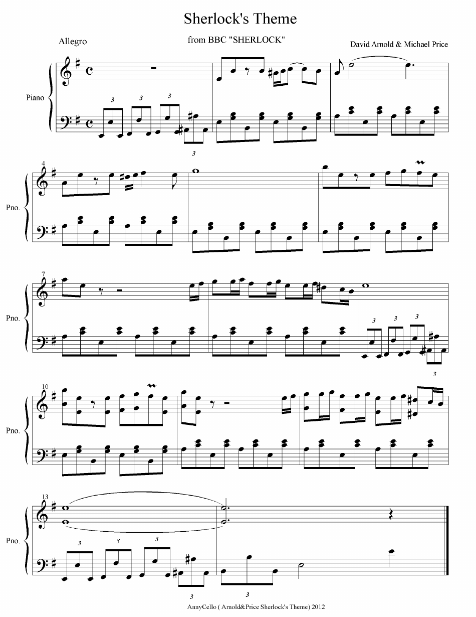 Piano sheet music for David Arnold and Michael Price's "Sherlock's Theme" from BBC Sherlock