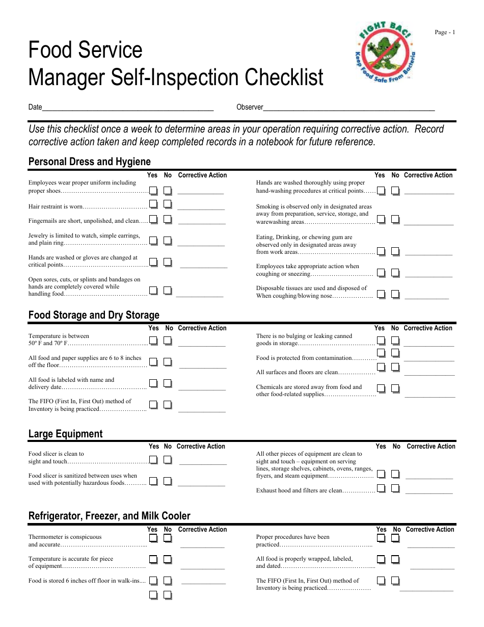 Food Service Manager Self-inspection Checklist, Page 1