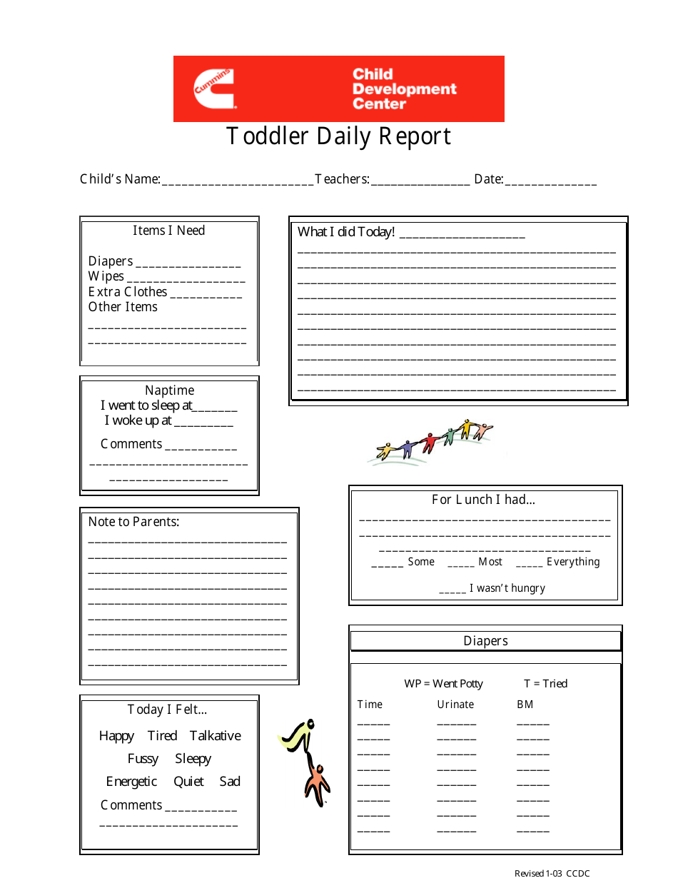 Toddler Daily Report Template - Cummins Child Development Center, Page 1