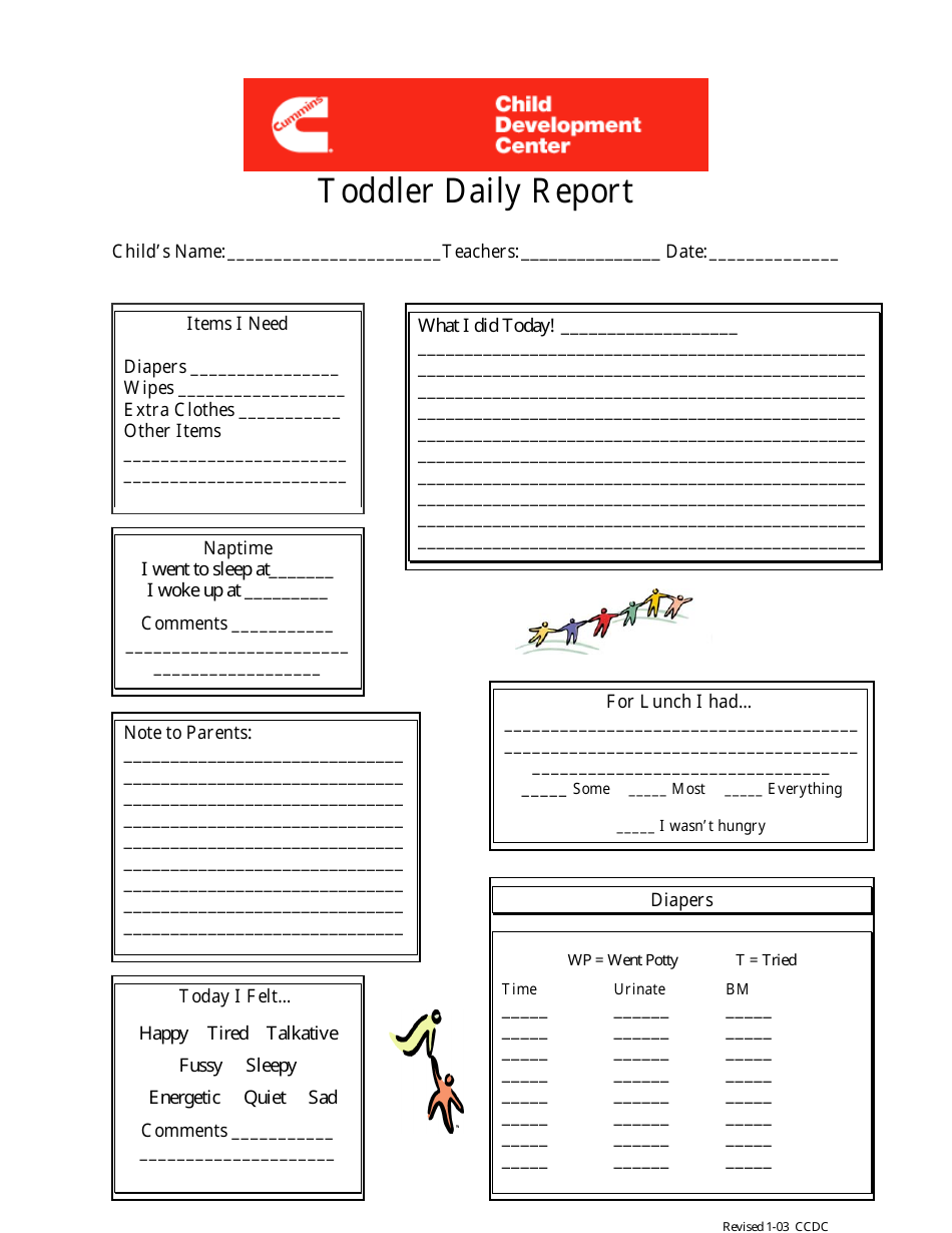 Toddler Daily Report Template - Cummins Child Development Center - Fill ...