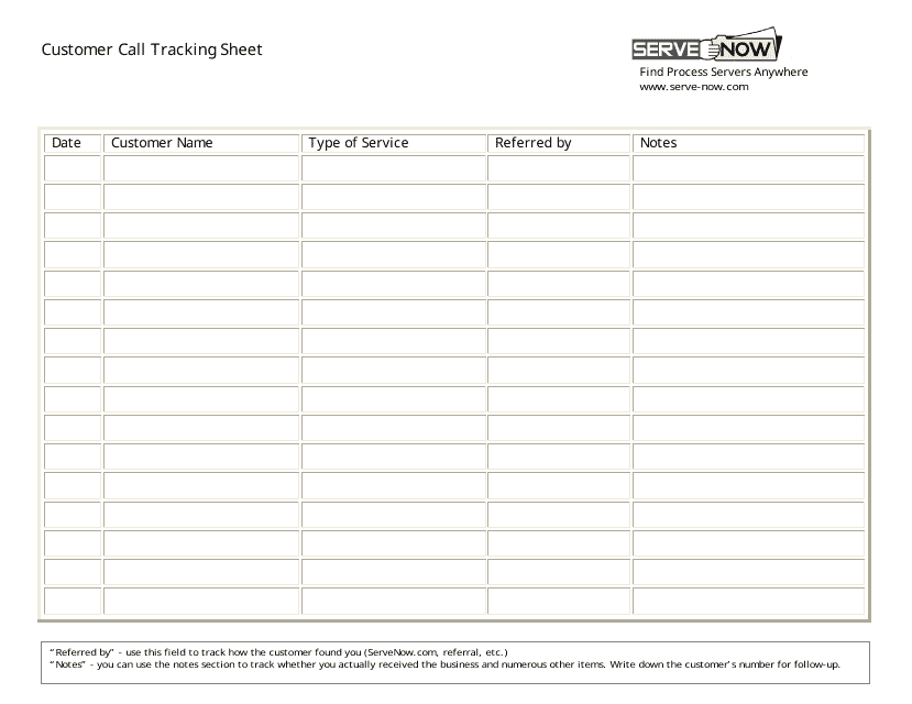 Customer Call Tracking Sheet Template - Serve-Now