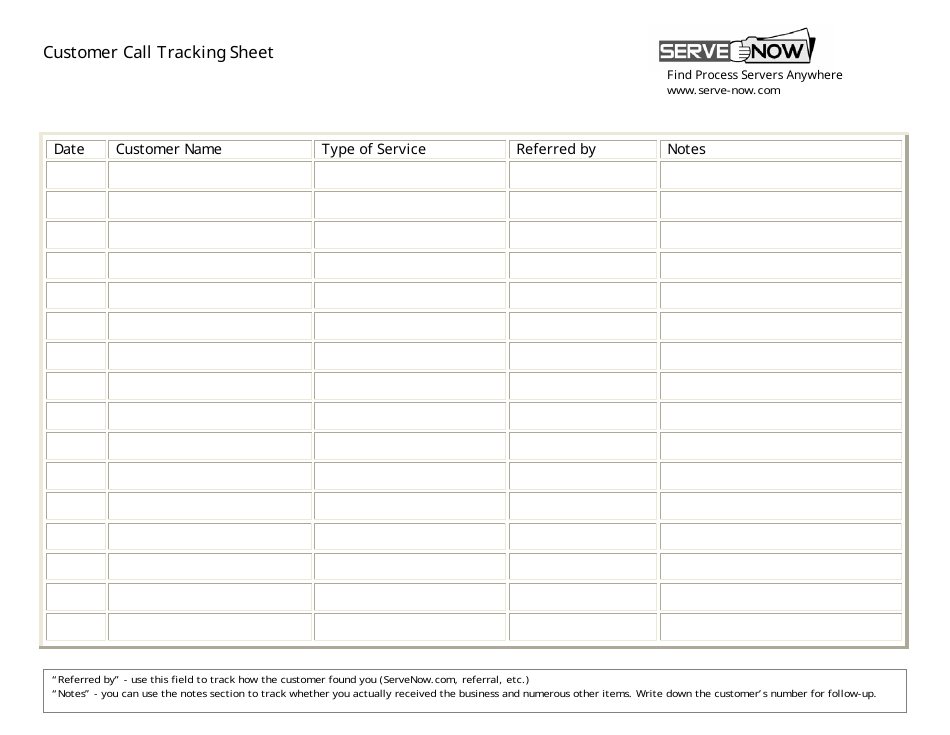 Customer Call Tracking Sheet Template - Serve-Now Document Preview Image