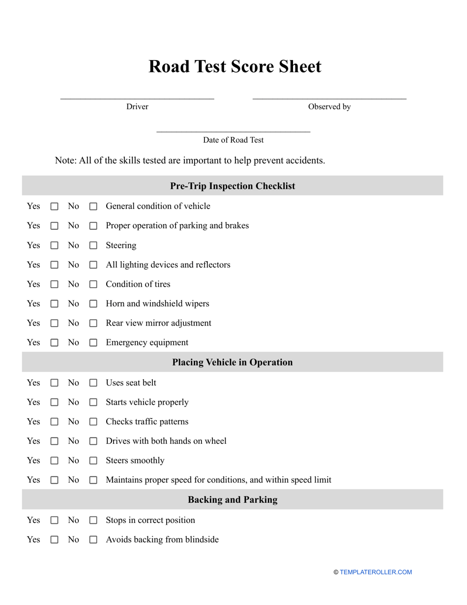 Road Test Score Sheet Template Download Printable PDF Templateroller