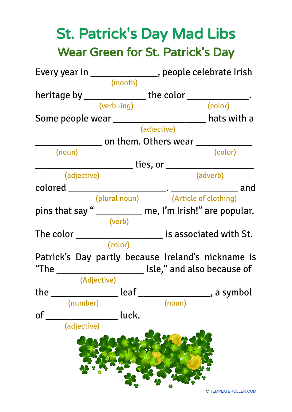 St Patrick s Day Mad Libs Wear Green Download Printable PDF