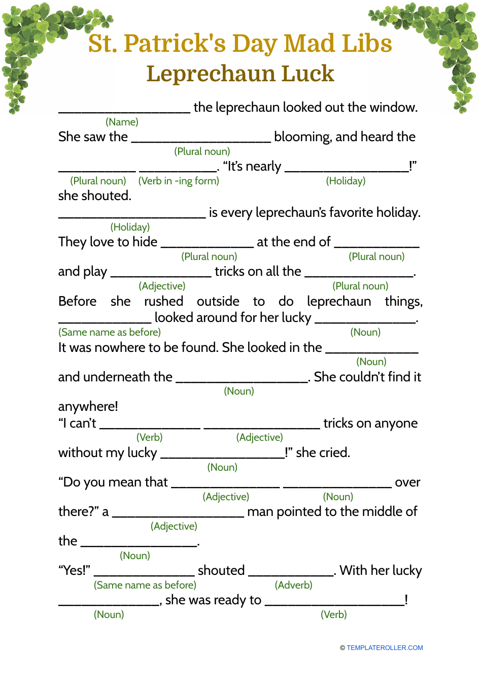 St Patrick s Day Mad Libs Leprechaun Luck Download Printable PDF