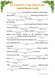 Document preview: St. Patrick's Day Mad Libs - Leprechaun Luck