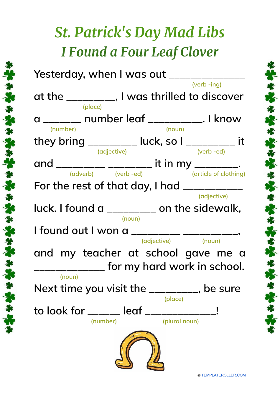 Preview image of the St. Patrick's Day Mad Libs Four Leaf Clover document