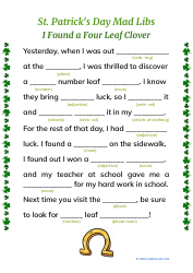Document preview: St. Patrick's Day Mad Libs - Four Leaf Clover