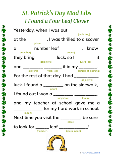 St. Patrick's Day Mad Libs - Four Leaf Clover