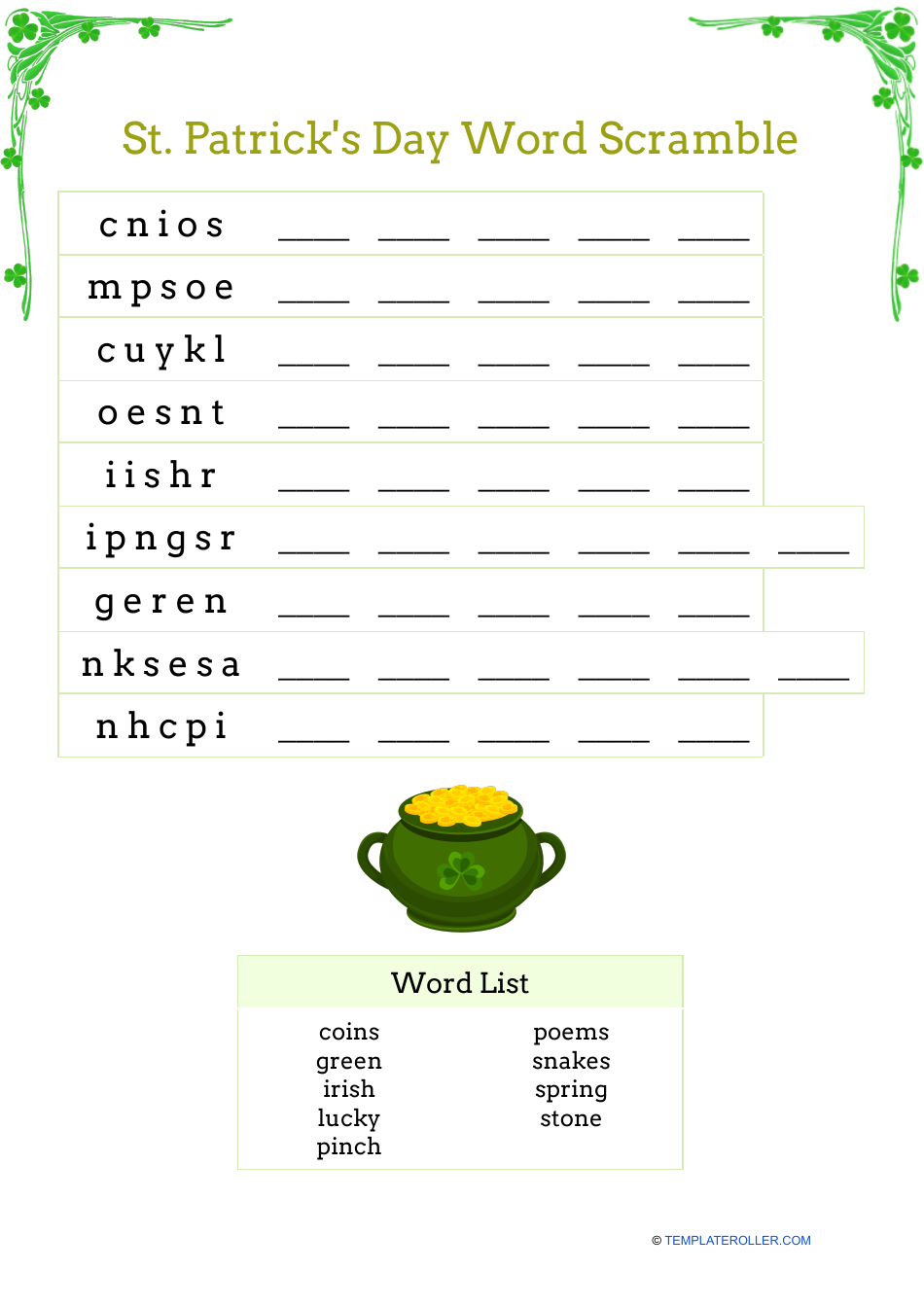 St. Patrick's Day Gold Word Scramble document preview image