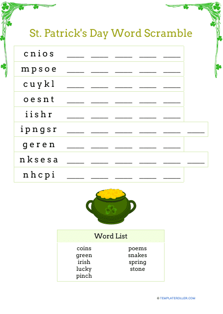 St. Patrick's Day Gold Word Scramble document preview image