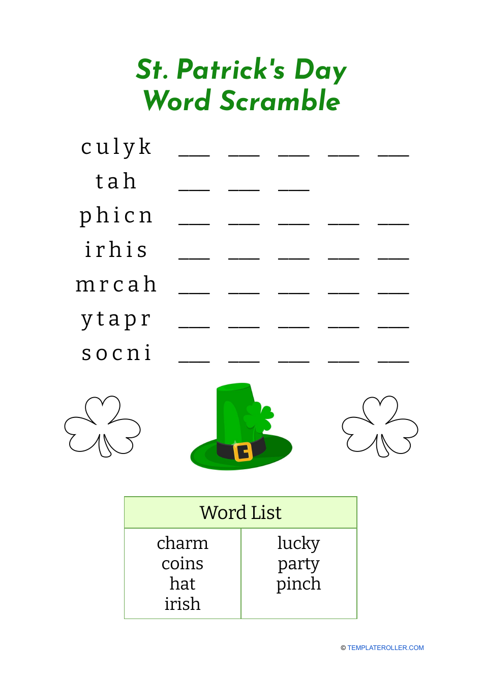 St. Patrick's Day Word Scramble - Hat Image Preview