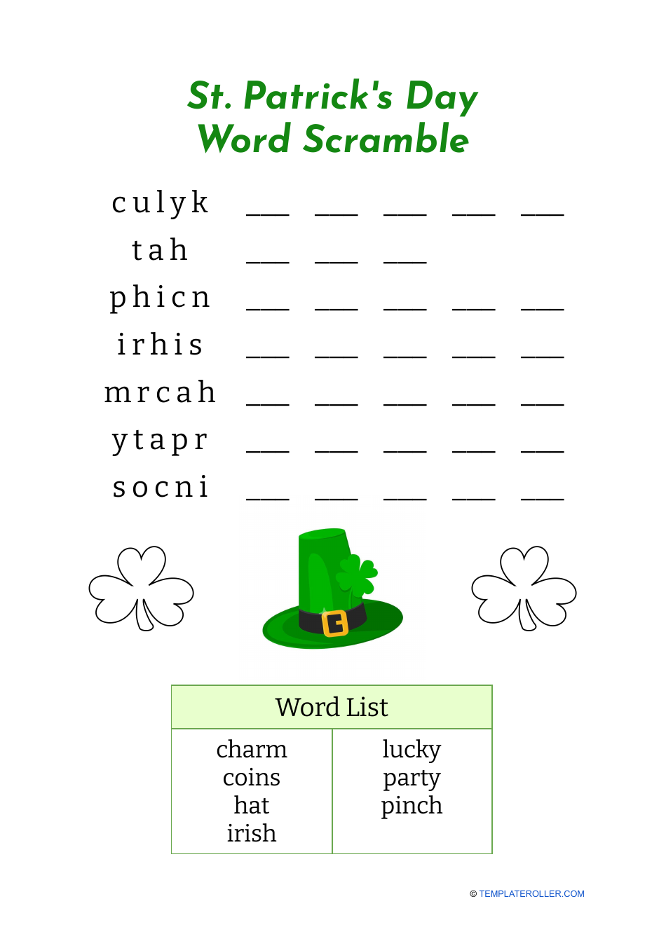 St. Patrick's Day Word Scramble - Hat Download Printable PDF ...