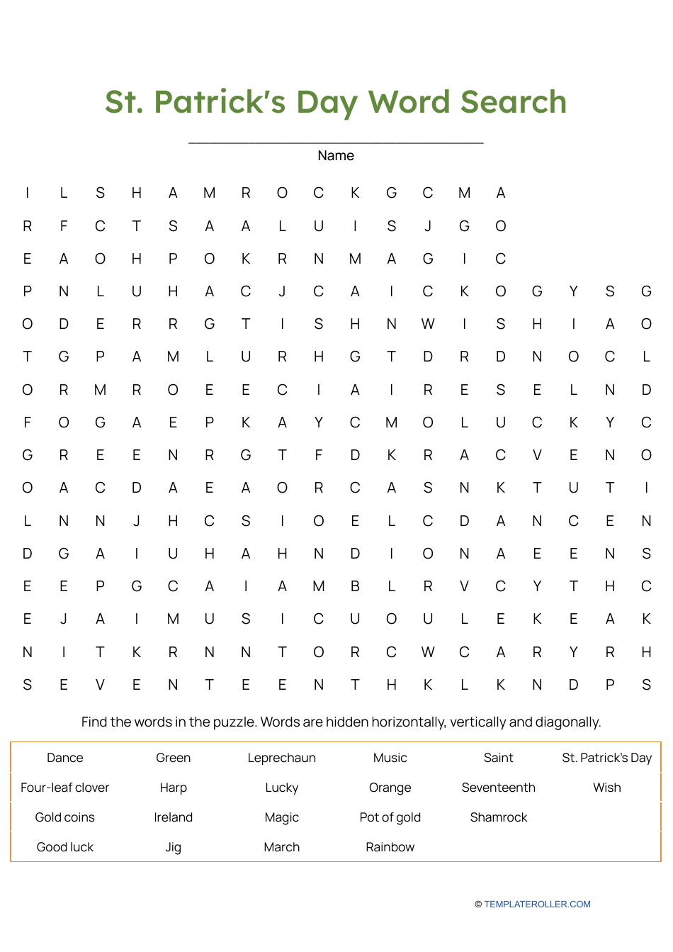 St. Patrick's Day Word Search - Green