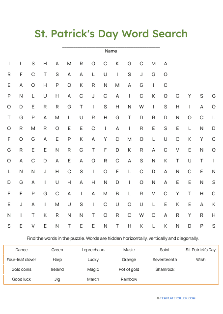 St. Patrick's Day Word Search - Green