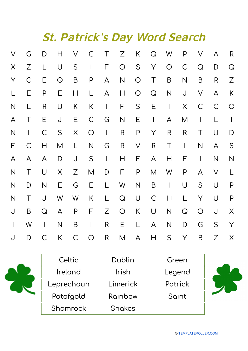 St. Patrick's Day Word Search with Shamrock illustration