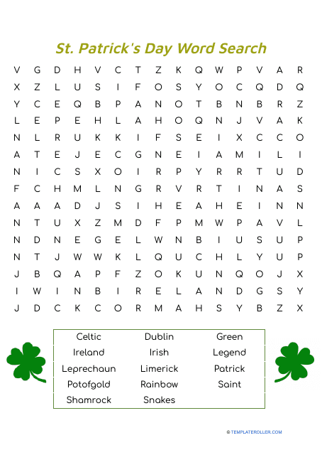 St. Patrick's Day Word Search - Shamrock