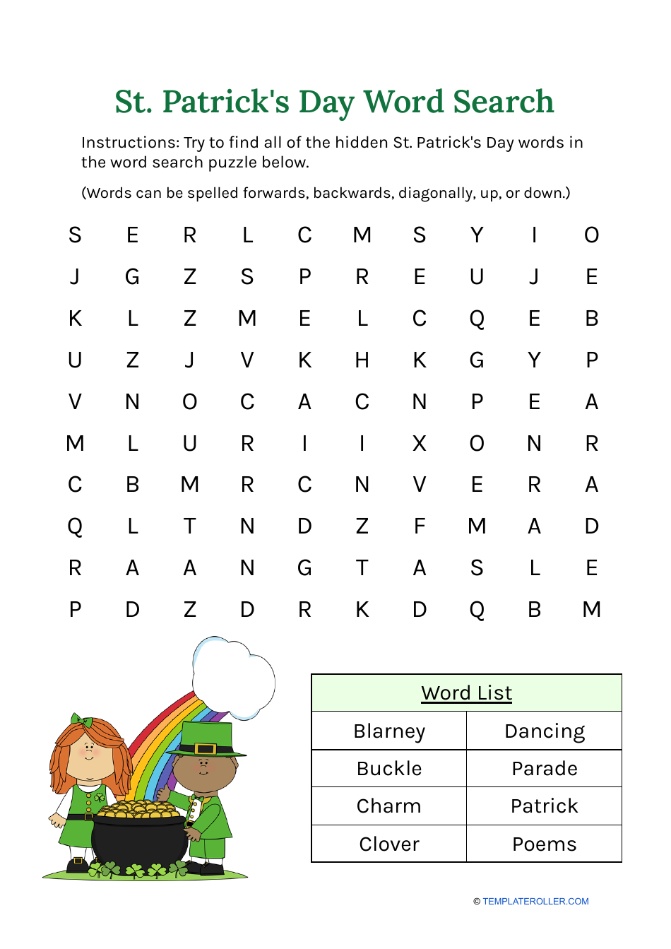 St. Patrick's Day Word Search featuring the theme of wealth.