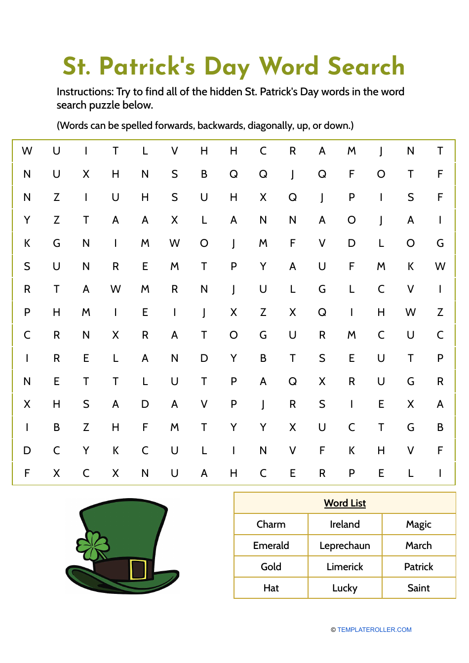St. Patrick's Day Word Search shown with hats