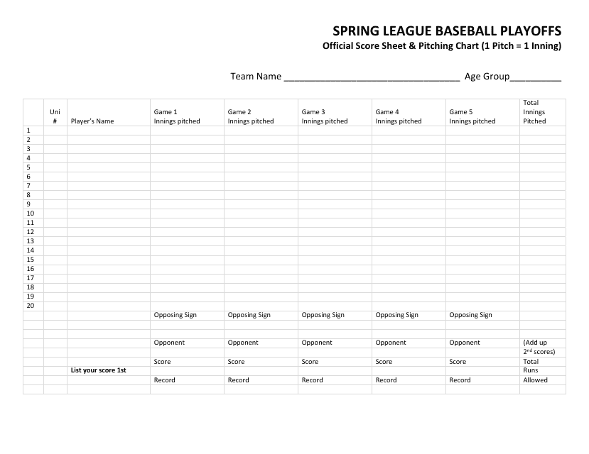 Baseball Score Sheet & Pitching Chart
