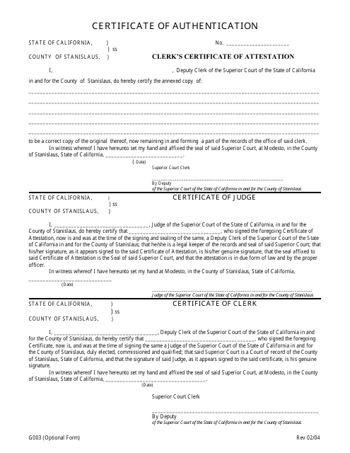 Form G003 Certificate of Authentication - Stanislaus County, California