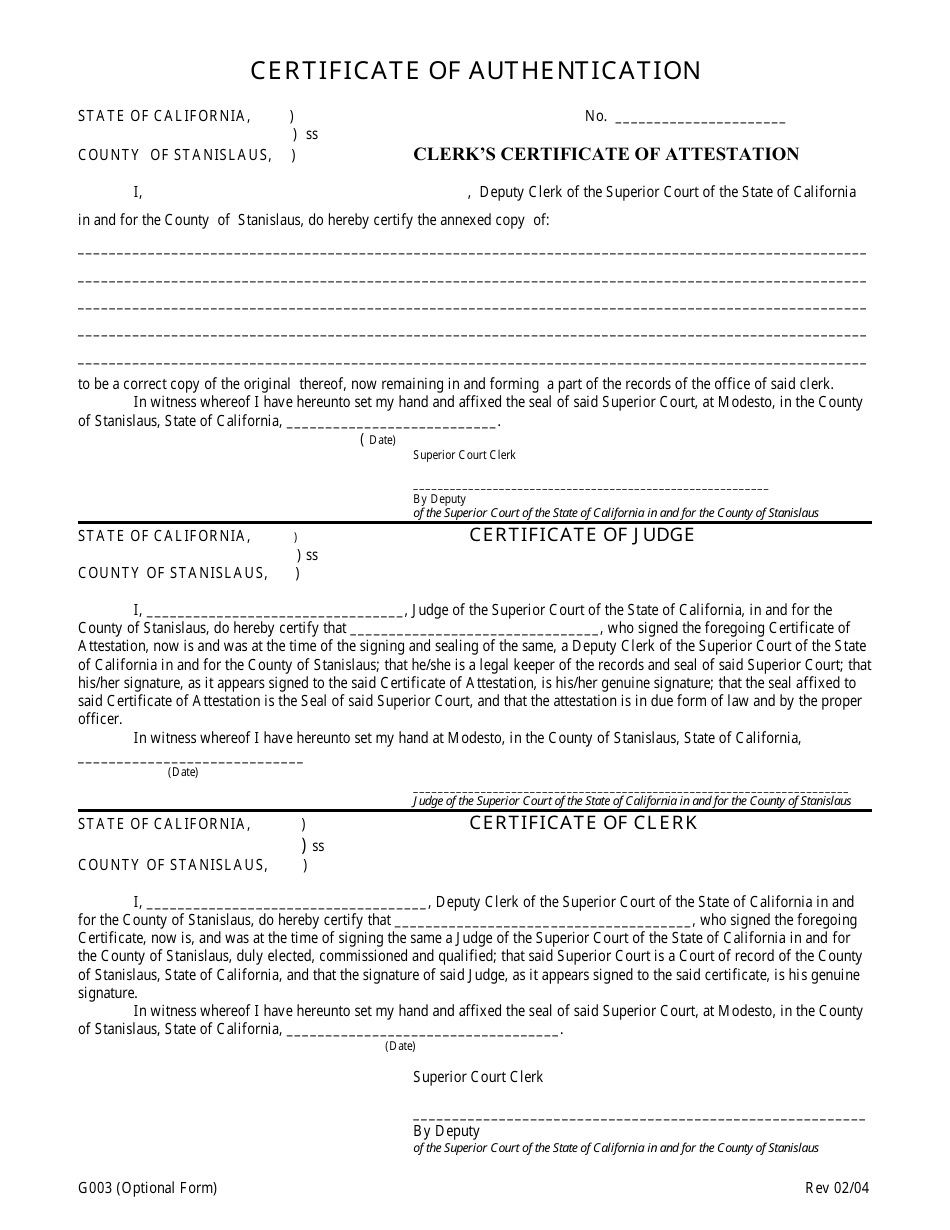 Form G003 Certificate of Authentication - Stanislaus County, California, Page 1
