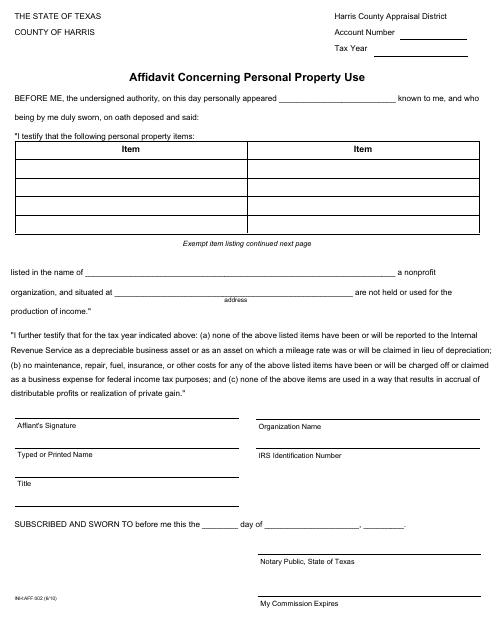 Form INH:AFF:002 Affidavit Concerning Personal Property Use - Harris County, Texas