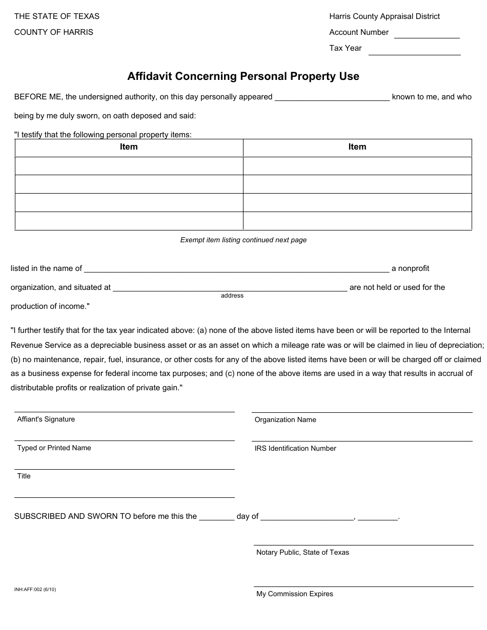 Form INH:AFF:002 Affidavit Concerning Personal Property Use - Harris County, Texas, Page 1