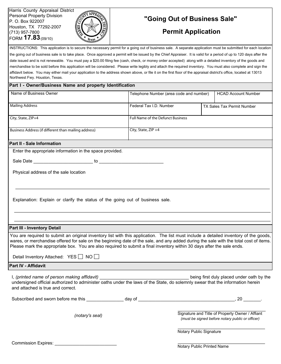 Form 17.83 Going out of Business Sale Permit Application - Harris County, Texas, Page 1