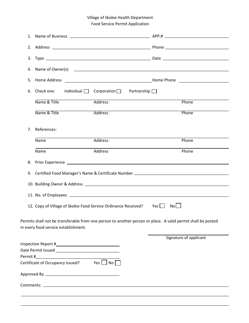 Food Service Permit Application - Village of Skokie, Illinois, Page 1