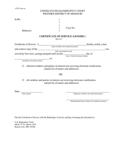 Certificate of Service (Generic) (Pro Se) - Missouri