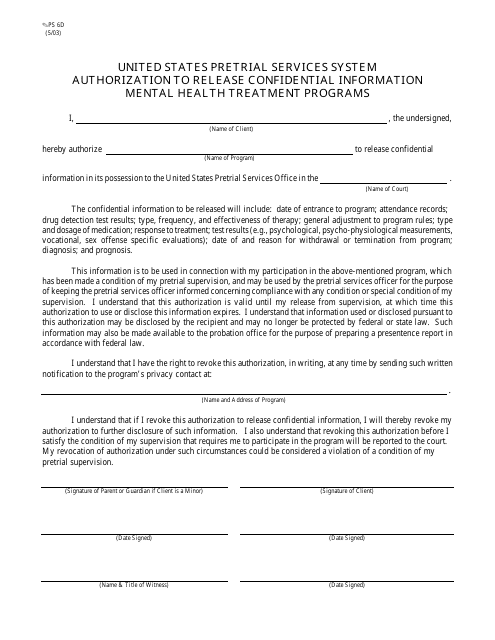 Form PS6D Authorization to Release Confidential Information Mental Health Treatment Programs - California