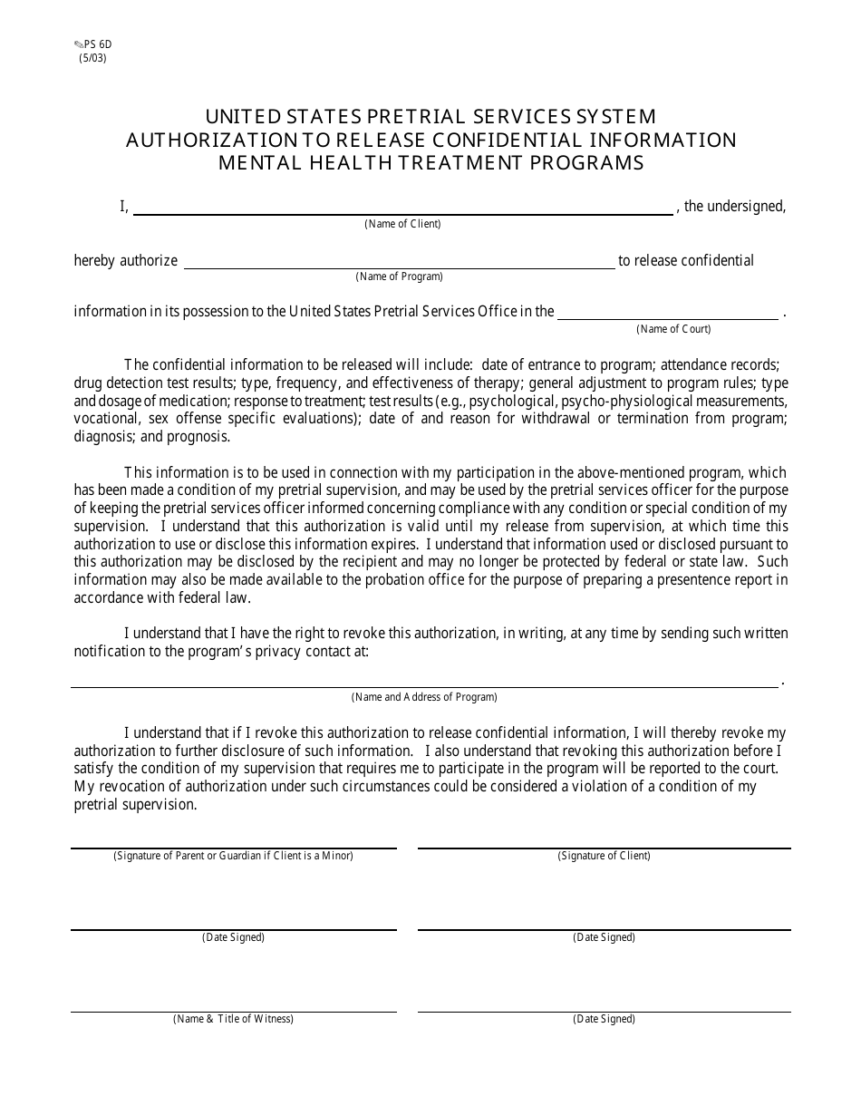 Form PS6D Authorization to Release Confidential Information Mental Health Treatment Programs - California, Page 1