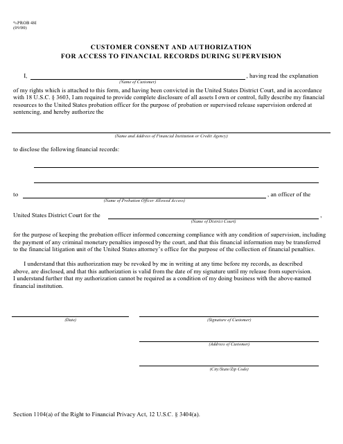 Form PROB481 Customer Consent and Authorization for Access to Financial Records During Supervision