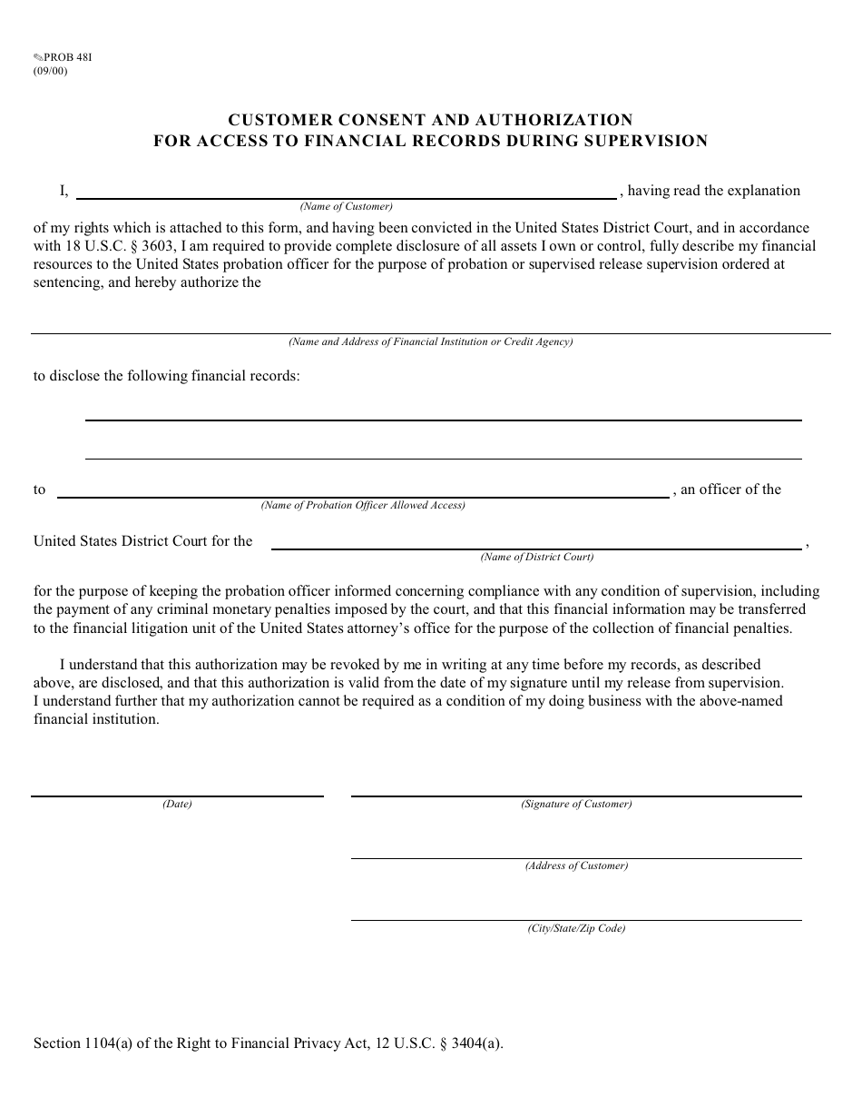 Form PROB481 Customer Consent and Authorization for Access to Financial Records During Supervision, Page 1