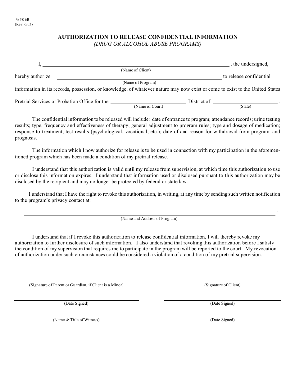 Form PS6B Authorization to Release Confidential Information (Drug or Alcohol Abuse Programs) - Missouri, Page 1
