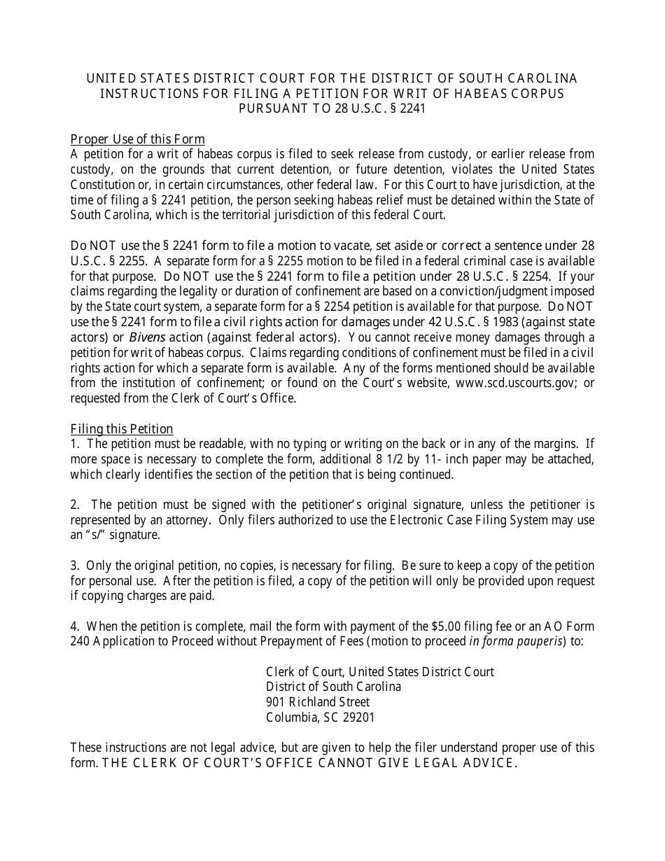 Download instructions for a petition for writ of habeas corpus pursuant