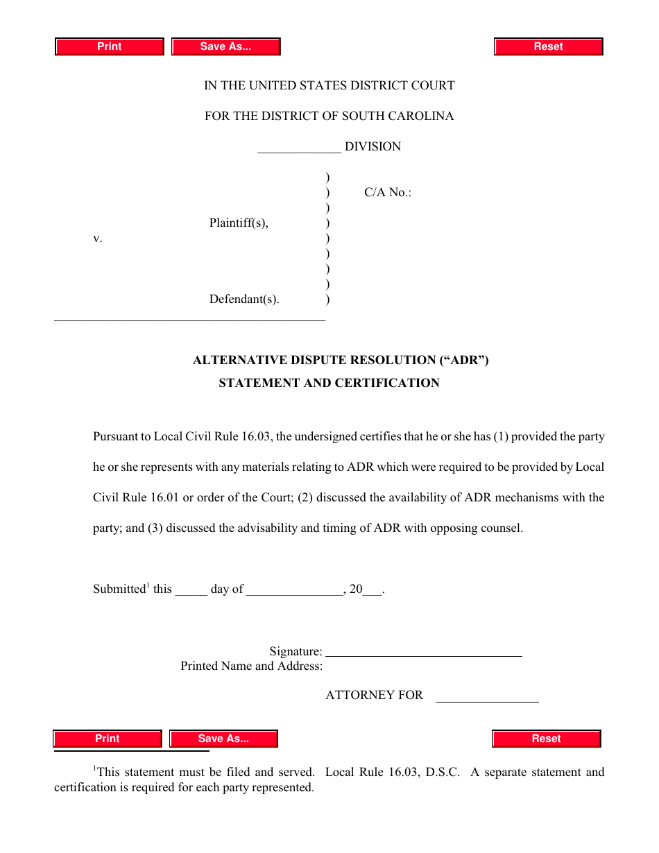 Alternative Dispute Resolution (adr) Statement and Certification - South Carolina, Page 1