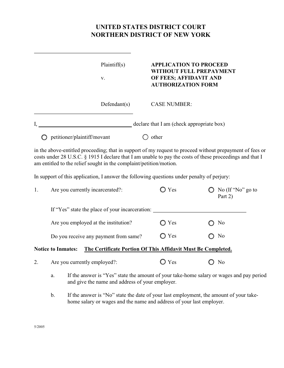 Application to Proceed Without Full Prepayment of Fees; Affidavit and Authorization Form - New York, Page 1