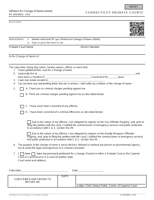 Form PC-910 Affidavit Re Change of Name (Adult) - Connecticut