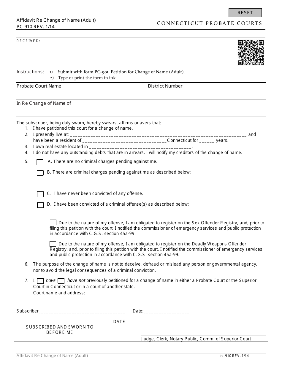 Form PC-910 Affidavit Re Change of Name (Adult) - Connecticut, Page 1