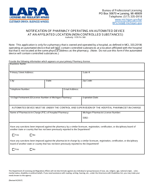 Notification of Pharmacy Operating an Automated Device at an Affiliated Location (Non-controlled Substances) - Michigan Download Pdf