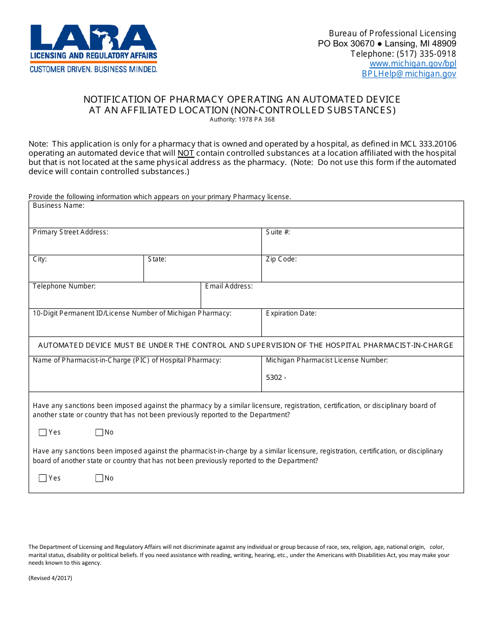 Notification of Pharmacy Operating an Automated Device at an Affiliated Location (Non-controlled Substances) - Michigan, Page 1