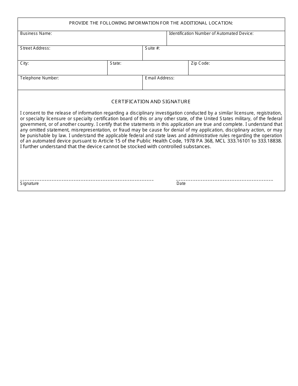 Notification of Pharmacy Operating an Automated Device at an Affiliated Location (Non-controlled Substances) - Michigan, Page 2
