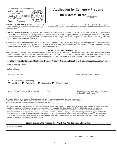 Form 11.17 Application for Cemetery Property Tax Exemption - Harris County, Texas