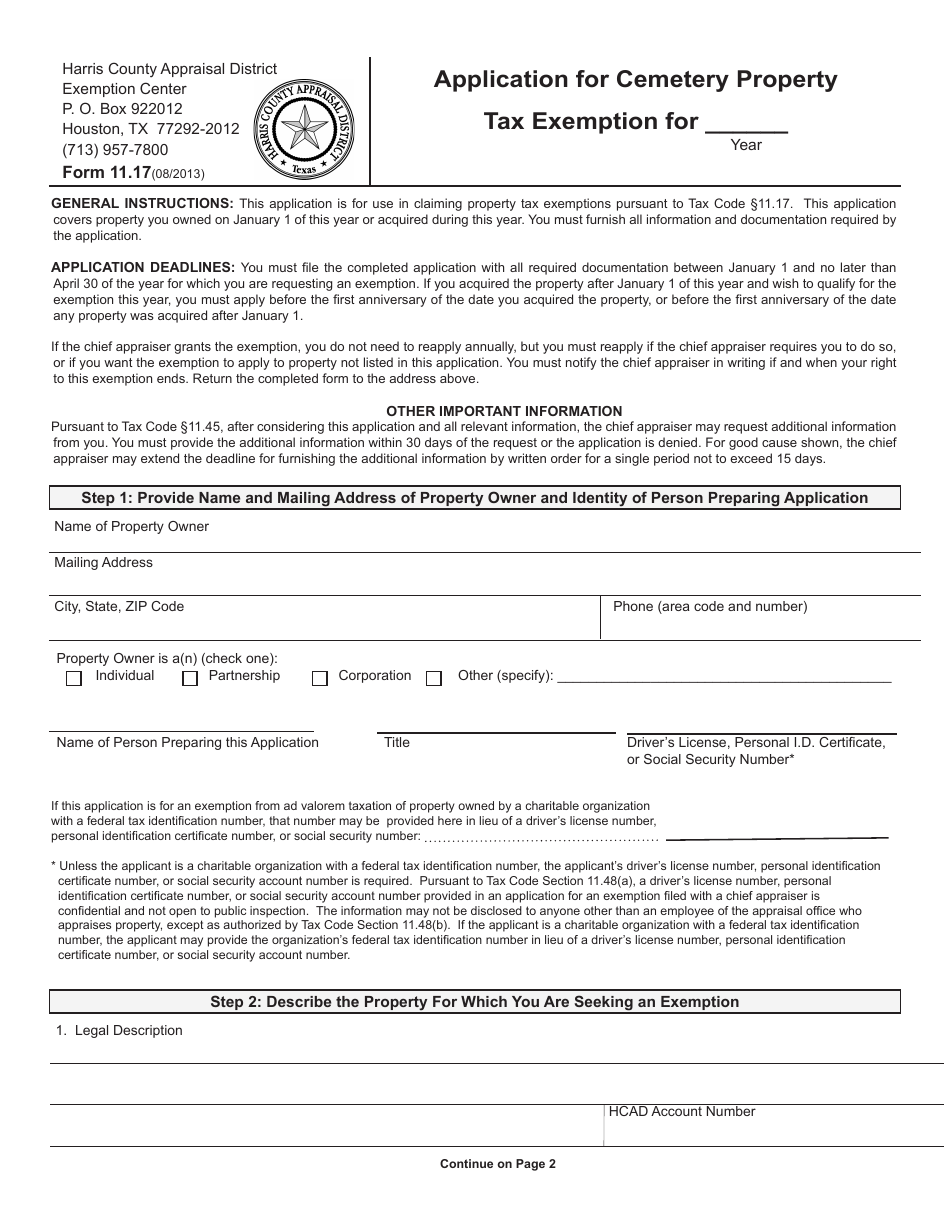 Form 11.17 Application for Cemetery Property Tax Exemption - Harris County, Texas, Page 1