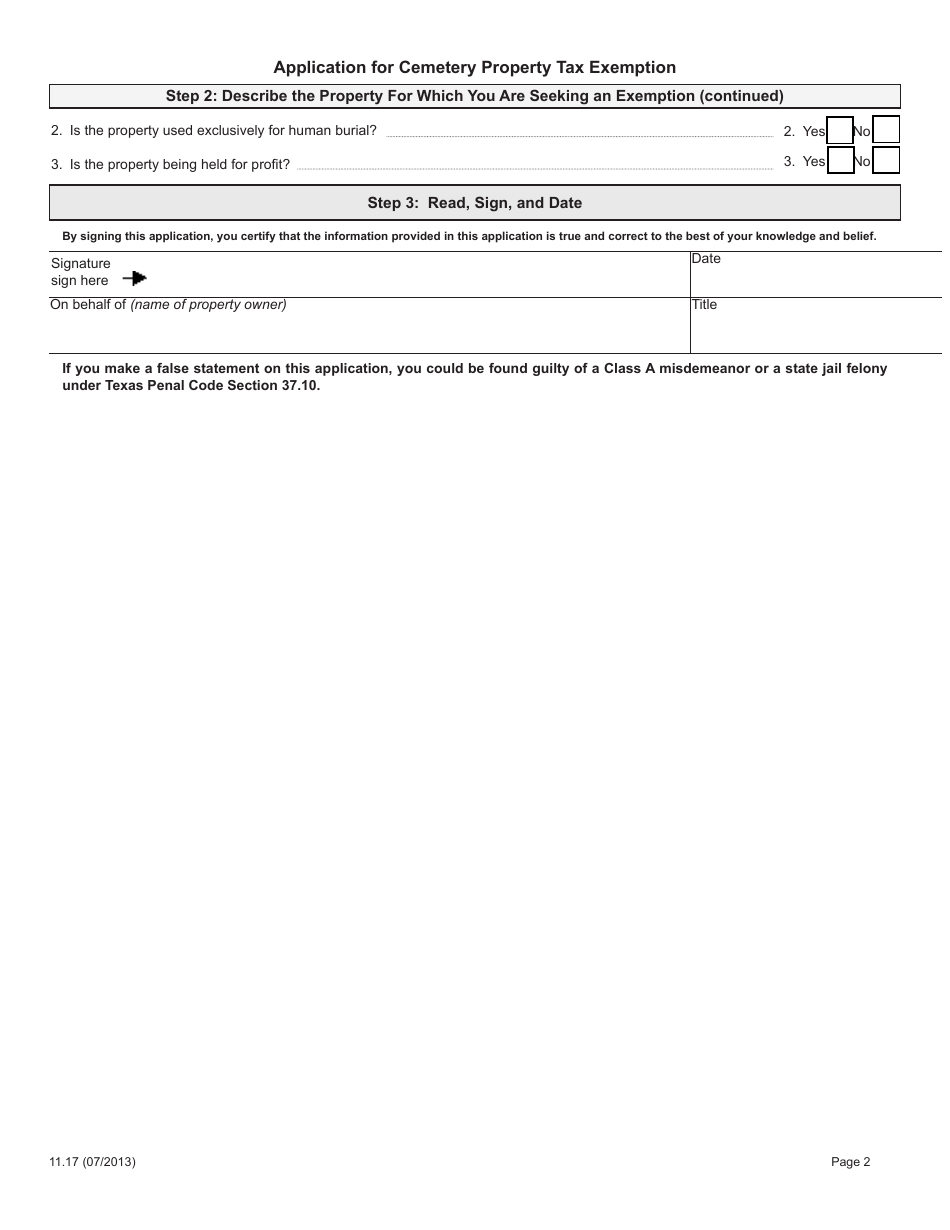 Form 11.17 Application for Cemetery Property Tax Exemption - Harris County, Texas, Page 2