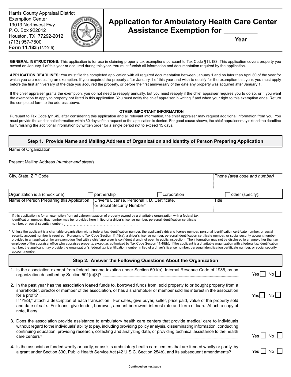 Form 11.183 Application for Ambulatory Health Care Center Assistance Exemption - Harris County, Texas, Page 1